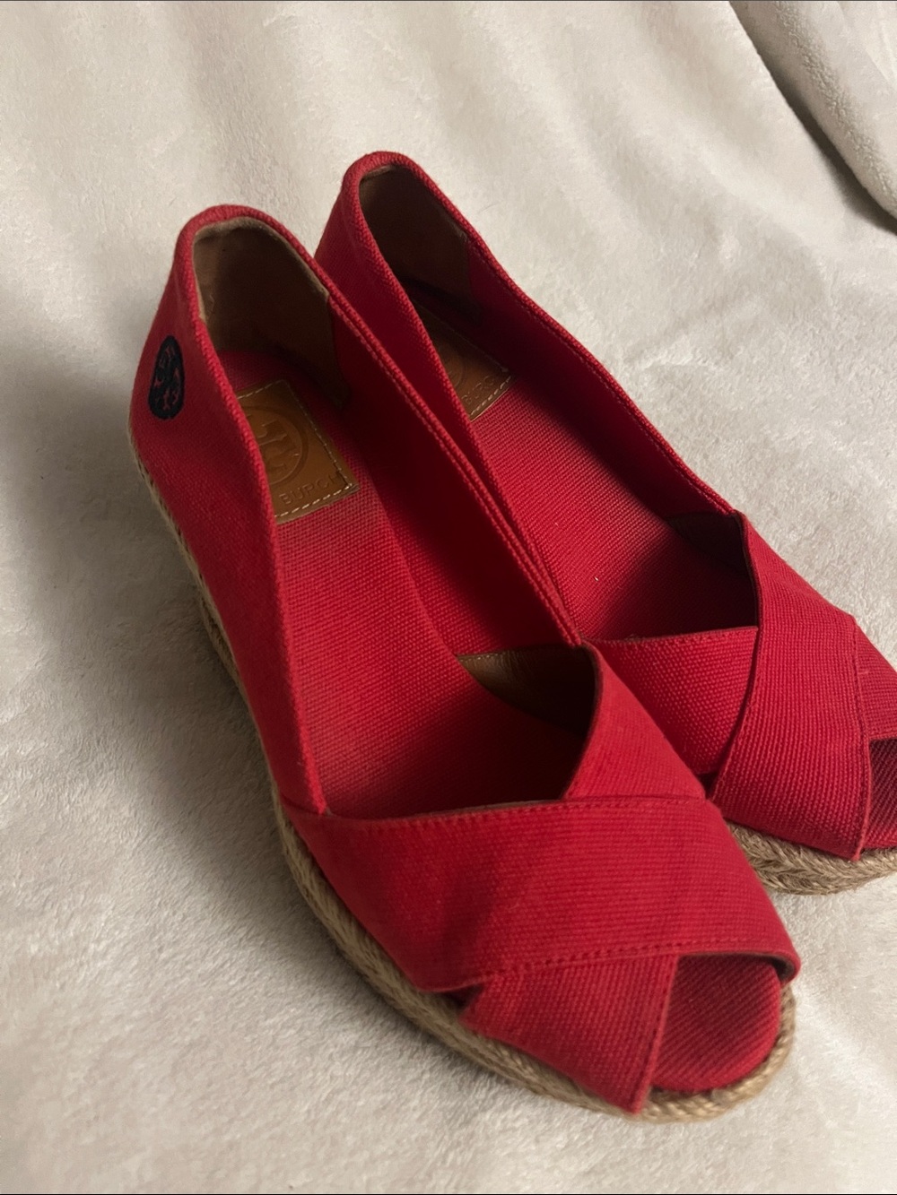 Tory Burch Red Canvas Espadrille Wedge Peep-Toe